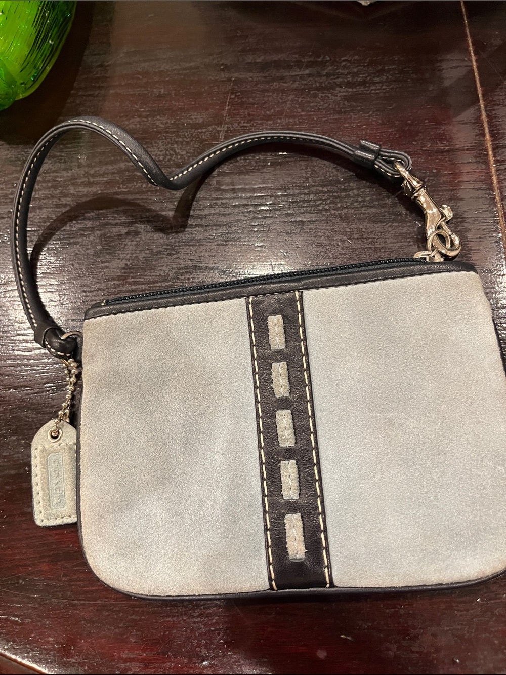 Coach Light Gray Suede Wristlet with Dark Brown Trim